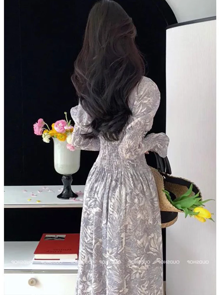 New Korean Fashion Casual Dress Women Vintage Long Sleeve Office Lady Elegant Long Dress High Waist Party Dresses