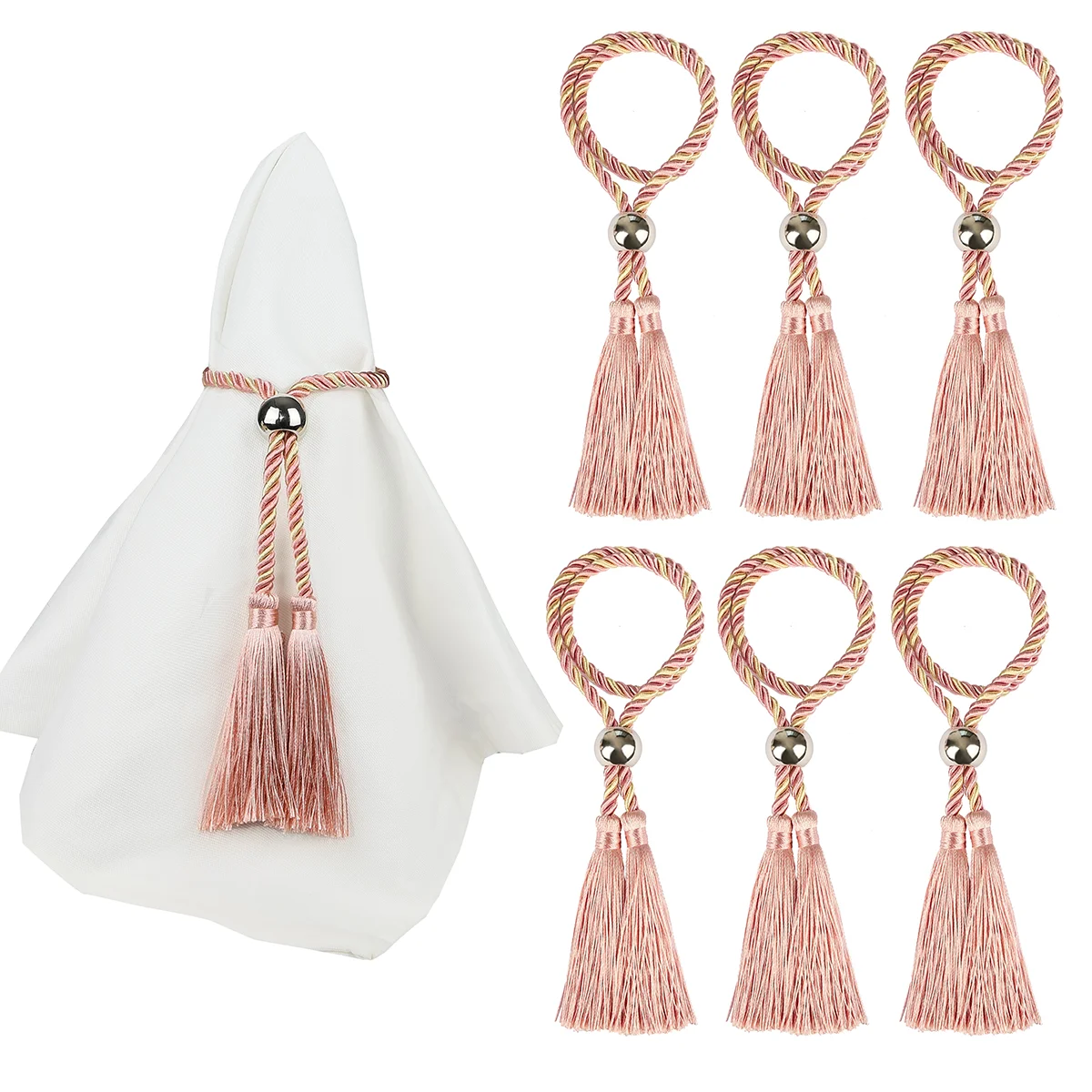 Handmade Tassel Guardanapo Anéis, Beads Buckle para reuniões de família, Wedding Party, Table Acessórios Decoração, 4 PCs, 2024