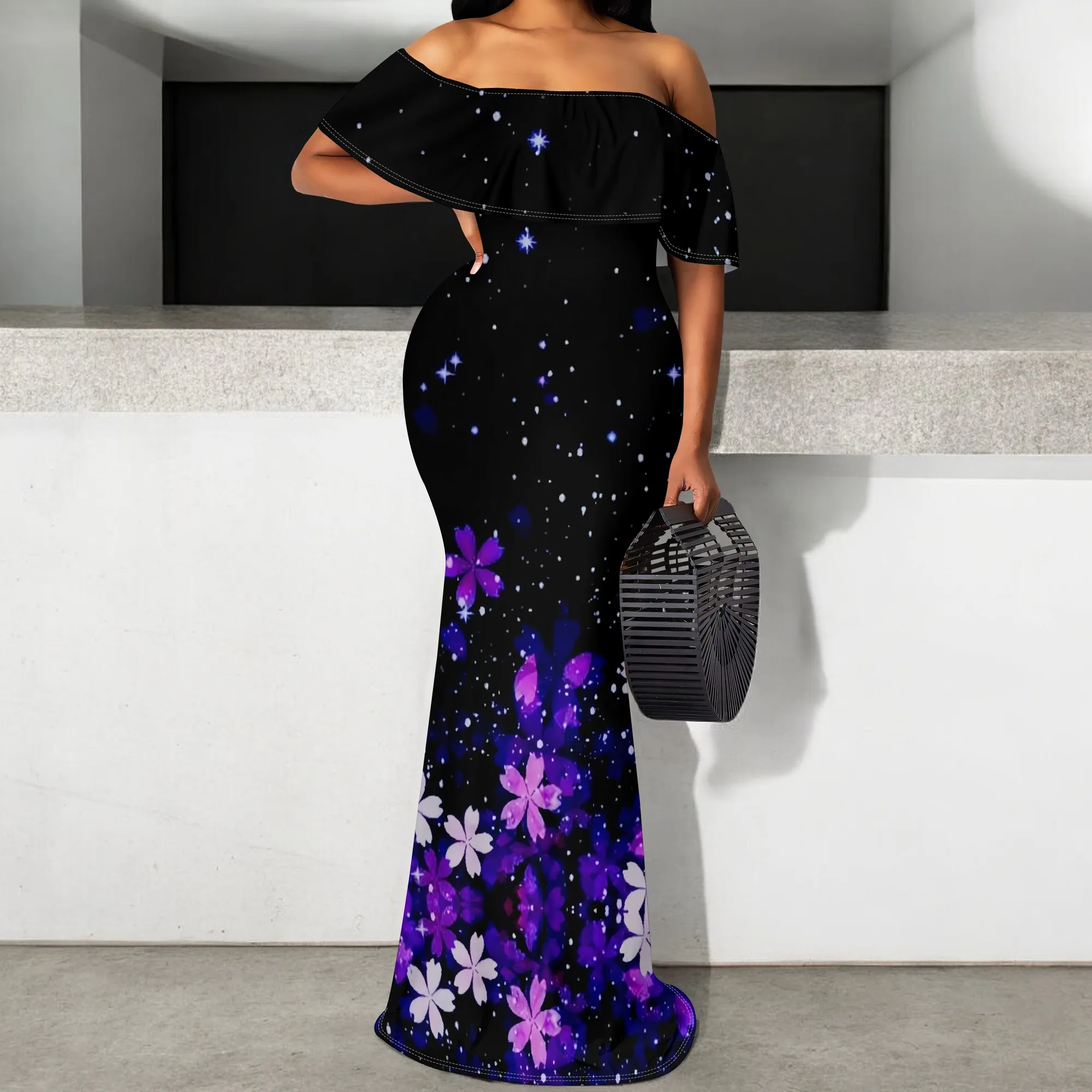 

Off-Shoulder Floral Maxi Dress S-3XL with Ruffle Hem, Starry Print for Evening Party, Night Out, or Spring Event 2025