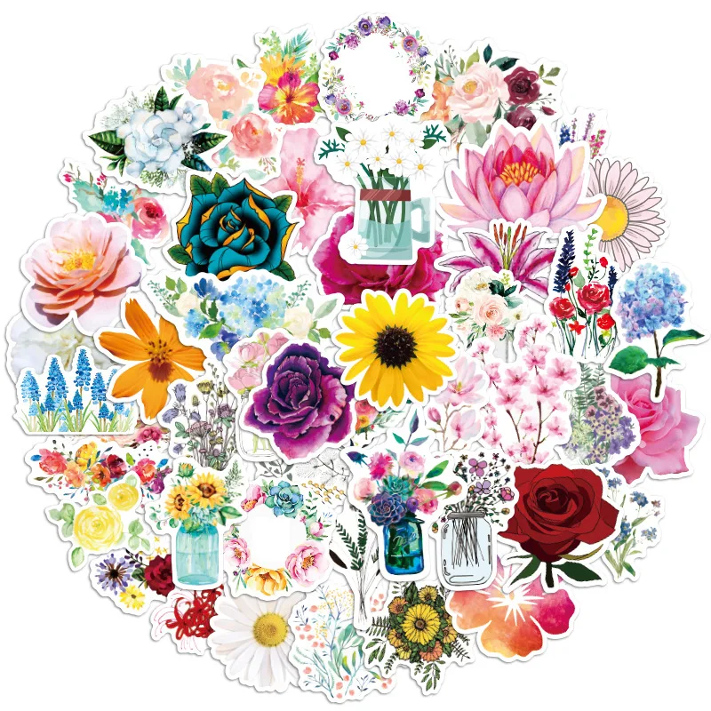 10/30/50PCS Cartoon Flowers Blooming Elements Sticker Graffiti Car Computer  DIY Scrapbook Wall Sticker Toy Decoration Wholesale