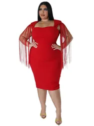 Big Size Women Red Dress Sexy Chic Tassels Sleeveless Slim Elegant Dress Midi Vestidos For Lady Party Evening Robe Femme Clothes