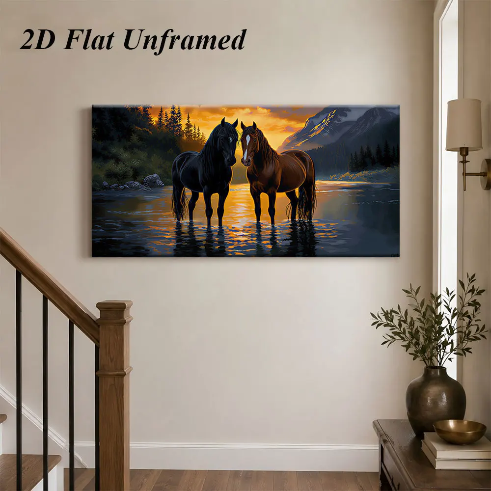 1 piece of frameless decorative painting of dusk scenery by the Junma River, featuring natural animals and 2D layout