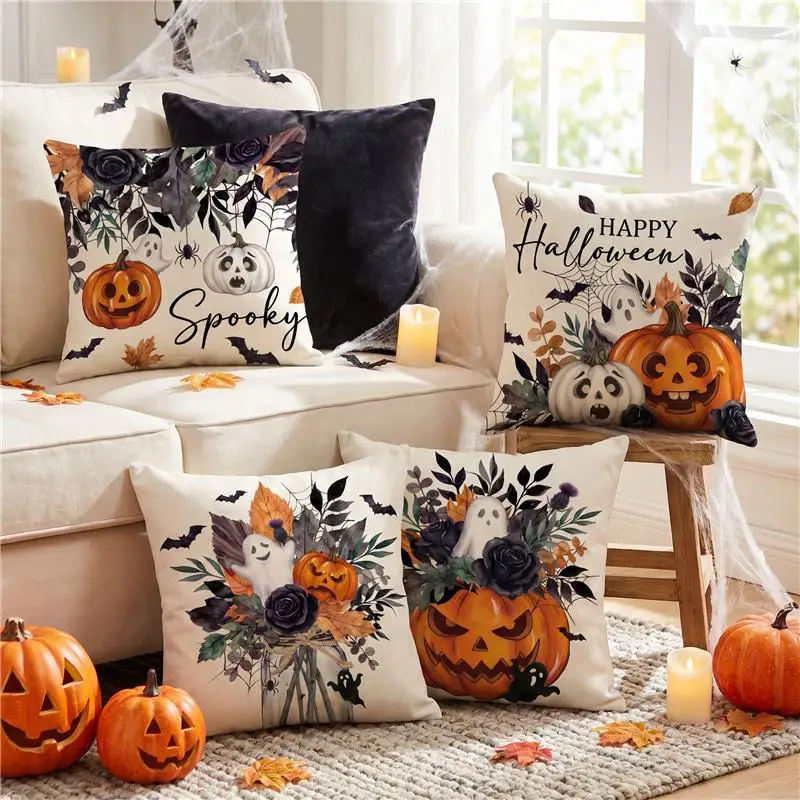 2 Stück Halloween-Kissenbezüge, Cojines, Kürbis-Geist-Motiv, bedruckt, Sofa-Kissenbezug, dekorative Kissenbezüge für den Urlaub, 45 x 45 cm – Detail 3