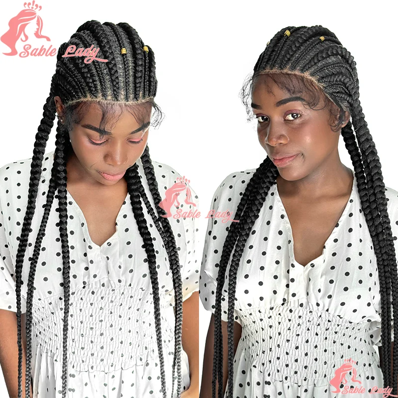 

36-дюймовые синтетические парики фронта шнурка Cornrow Box Braids Кружевные парики с детскими волосами Плетение африканских париков