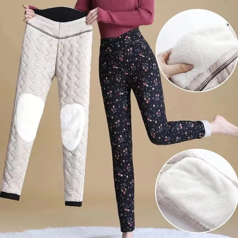 

Autumn Winter Women's Cotton Warm Pants Mom Casual Pants Knee Protector Waist Leggings Elastic High Waist Large Size Body Pants