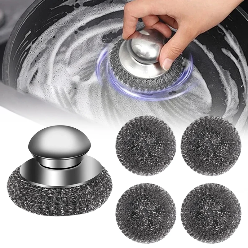 5PCs Stainless Steel Cleaning Brushes Cleaning Dishes Stock Pots Pans Griddles Grills Tool Steel Wool Scrubber With Handle