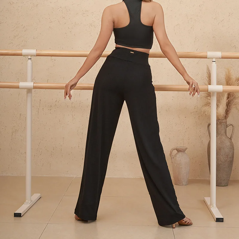 Shu Pantaloni da ballo latino a gamba larga Pantaloni bouffant a vita alta per adulti di sesso femminile Doppio abbigliamento Pratica di danza standard nazionale moderna