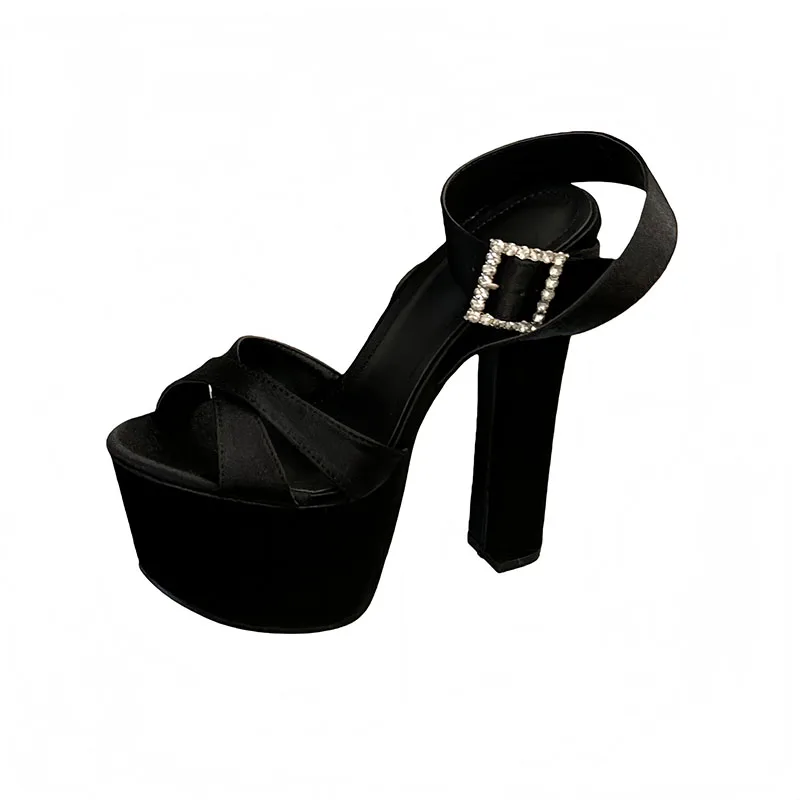 

Черные женские босоножки на блочном каблуке, вечерние модельные туфли на очень высоком каблуке 16 см, летние сандалии на платформе, женские туфли для стриптиза с кристаллами