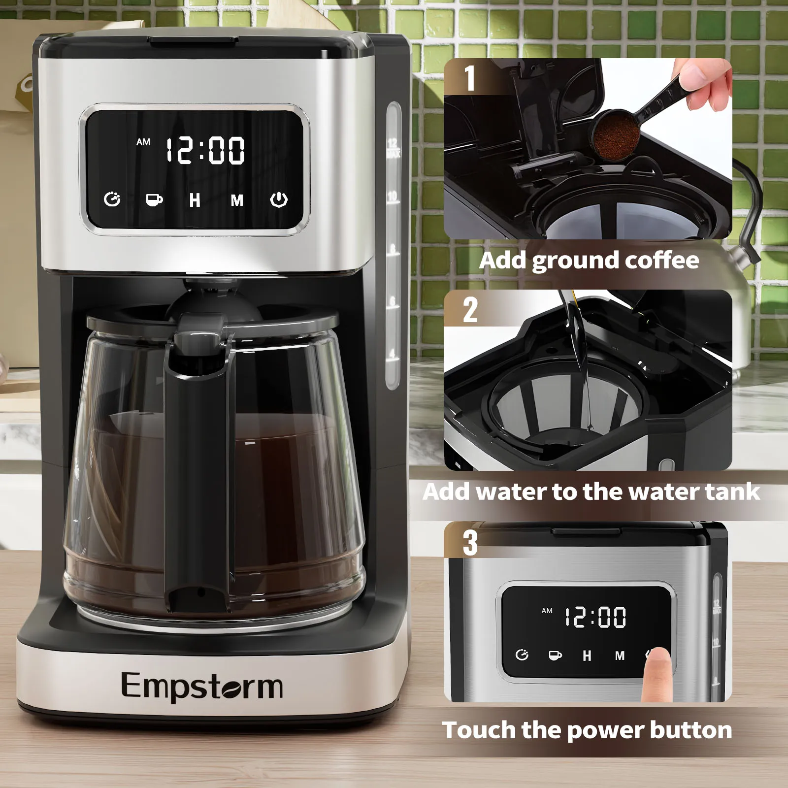 Empstorm 12D Black Drip Cafeteira, Moedor frio inteligente profissional, 1.8L, Novo Design