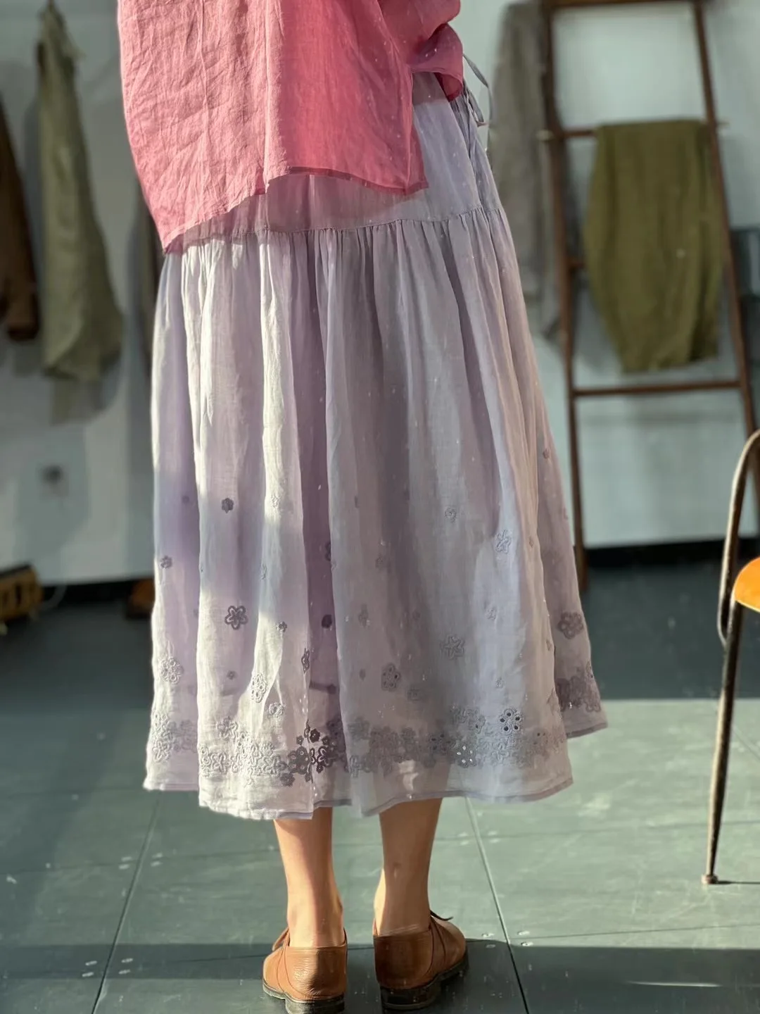 

Slimming Effect Floral Embroidery Loose Pleated Versatile f-length Skirt High Waist A-line Long Dr Summer Commute Sle