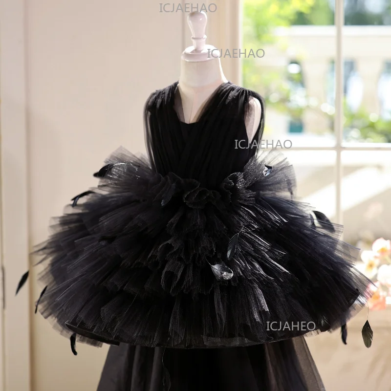 2026 Pageant Children Girls Host Formal Costume Kids Princess Dress Birthday Gown Elegant Black Sleeveless Piano Performance