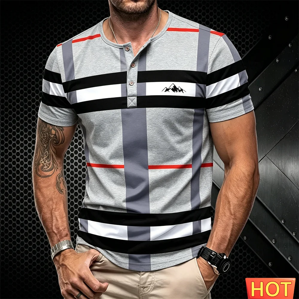 Men's Henry T-shirt Summer Plaid Striped Men's button up T-shirt breathable Sports Henry shirt Men's clothingCasual men's shirt