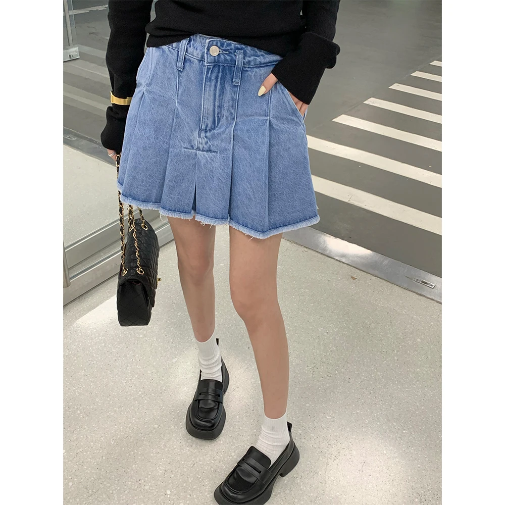 

Плиссированная джинсовая юбка в корейском стиле, однотонная, с завышенной талией, А-силуэт, короткая, для молодых женщин, летний сезон