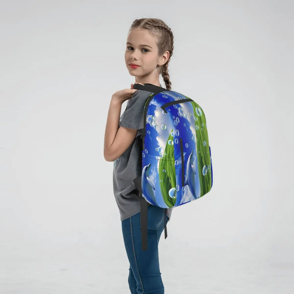 Frutiger Aero Dolphin Y2k Aesthetic Meadow With Bubbles And Mountains And Sky Boys Girls BookBag School Bag Shoulder Bags