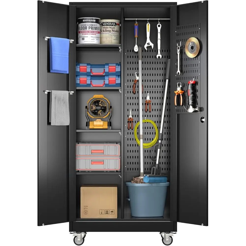 Black Rolling Garage Storage Cabinet with Adjustable Shelves and Lockable Metal Tool Cabinet, Including Pegboards Customized