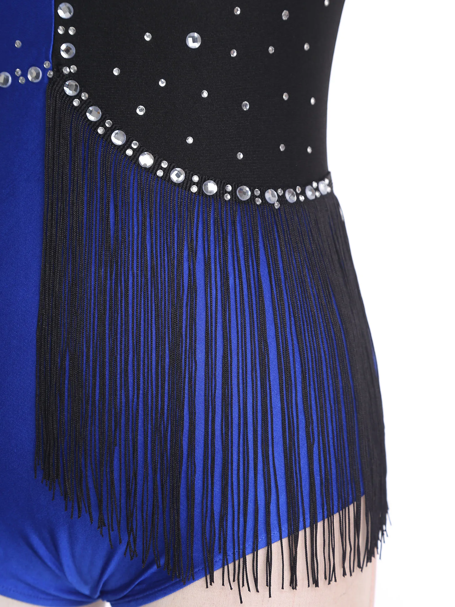 여성 피겨 스케이팅 리듬 체조 레오타드 반짝 이는 라인스톤 태슬 볼룸 차차 탱고 댄스를위한 발레 바디 슈트