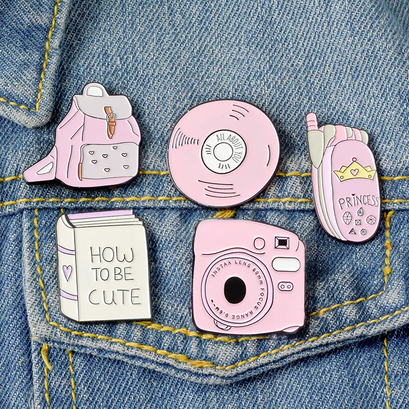 2022 Cartoon Cute Pink Enamel Brooch Love Phone Bag Book CD Alarm Badge Bag Pin Women Jewelry Dropship