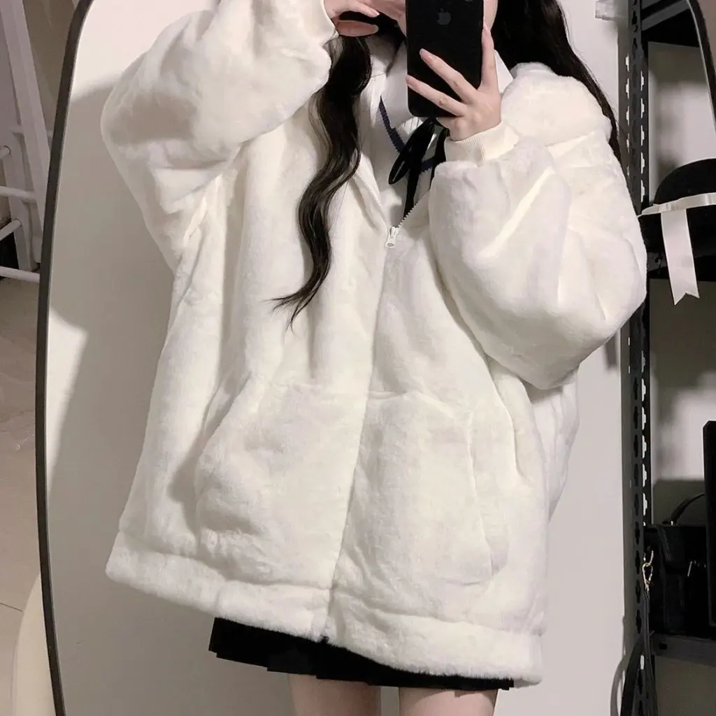 

Women's Milk Hohhot Rabbit Fluffy Coat Cardigan Korean Style Winter Hooded Trendy Cute Loose Fit for Students