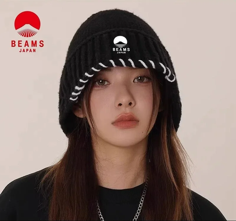 BEAMS Japanese‑Style Minimal Knit Bucket Hat, Warm Versatile Woolen Beanie, Brightening‑Tone Fisherman Basin Cap Unisex