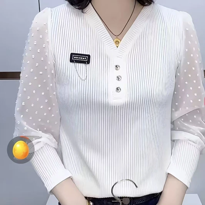 

Fashion Splicing Striped Chiffon Shirt Women Blouses Spring Autumn V-neck Long sleeved Top OL Work Shirt