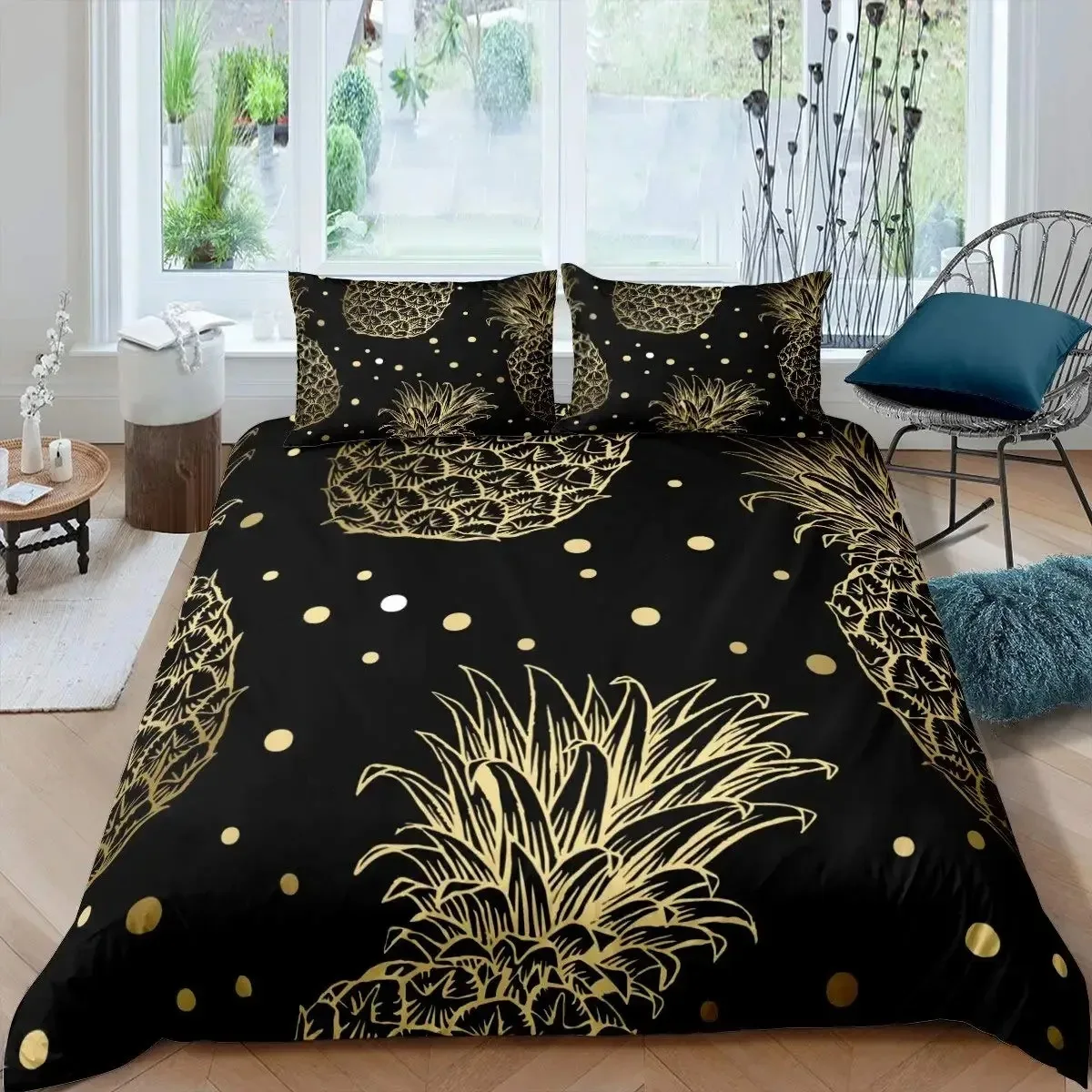 

Pineapple Duvet Cover Set Black Gold Pineapple Bedding Set Polka Dot Comforter Cover Boys Girls Luxury Quilt Cover Full Queen