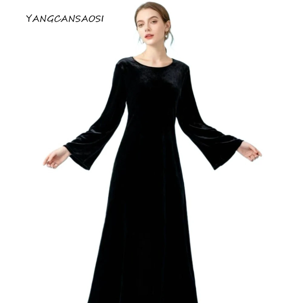 

2025 Women's Autumn/Winter New 45° Slant Cut 30% Natural Mulberry Silk Velvet Round Neck Slimming Black Long Sleeve Dress