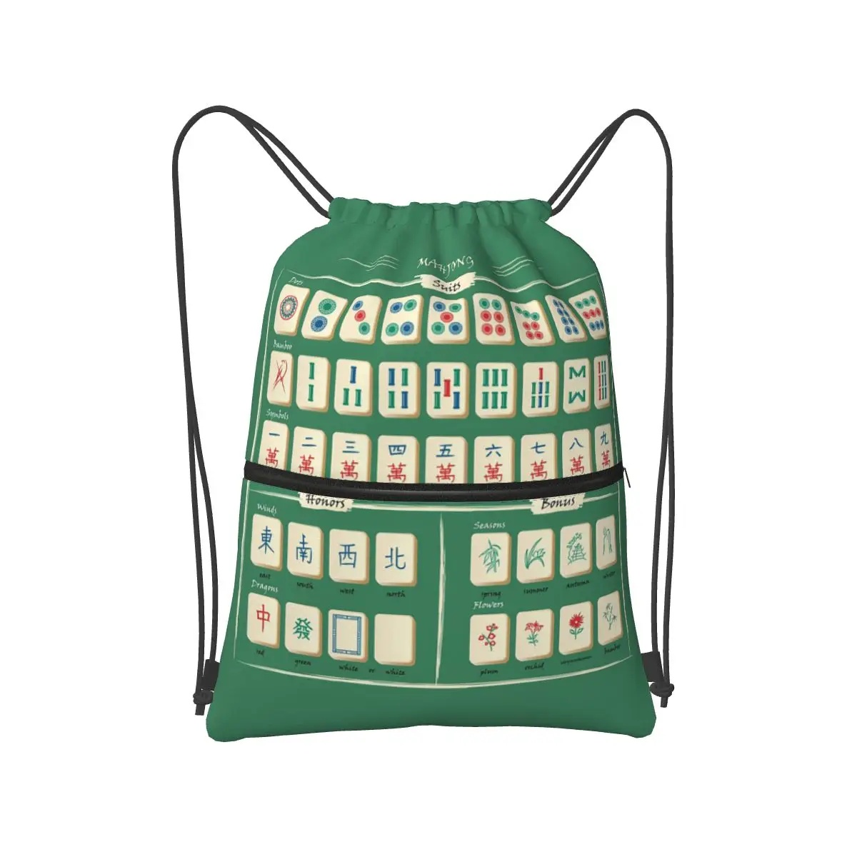 Mahjong Tile Pattern Backpacks Casual Drawstring Bundle Pocket Shoes Bag Book Bags for Travel School