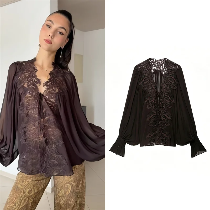 Guobioziy Women's Shirt 2026 Early Fall New Fashion High-Quality Draped French V-Neck Lace Hollow Bow Long Sleeve Shirt