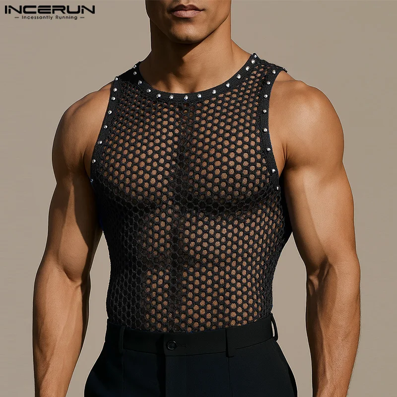 INCERUN Men Tank Tops Solid Color Mesh Hollow Out See Through Male Vests Summer Sexy Streetwear 2025 Fashion Men Clothing S-5XL