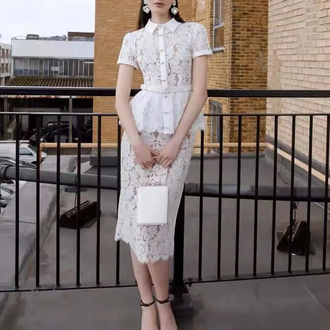 ชุดเดรสยาวปานกลางสำหรับผู้หญิง แต่งโบว์ ลูกไม้ ปักลาย แฟชั่น สวยสง่า