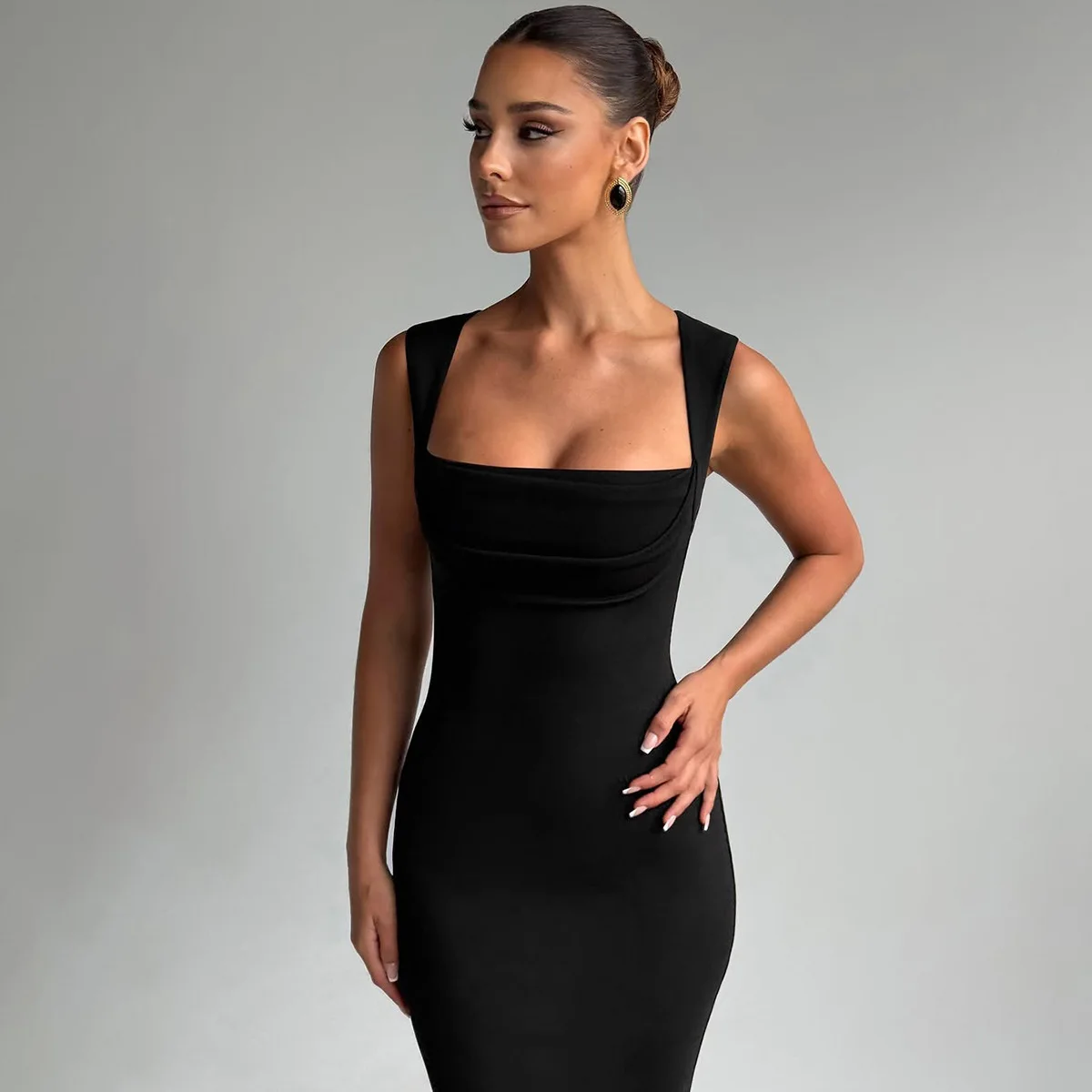 المرأة أنيقة الصلبة ساحة طوق الأشرطة مثير Bodycon ماكسي فستان حفلة موسيقية الصيف ملابس حريمي مساء حفلة عيد ميلاد فستان أنيق