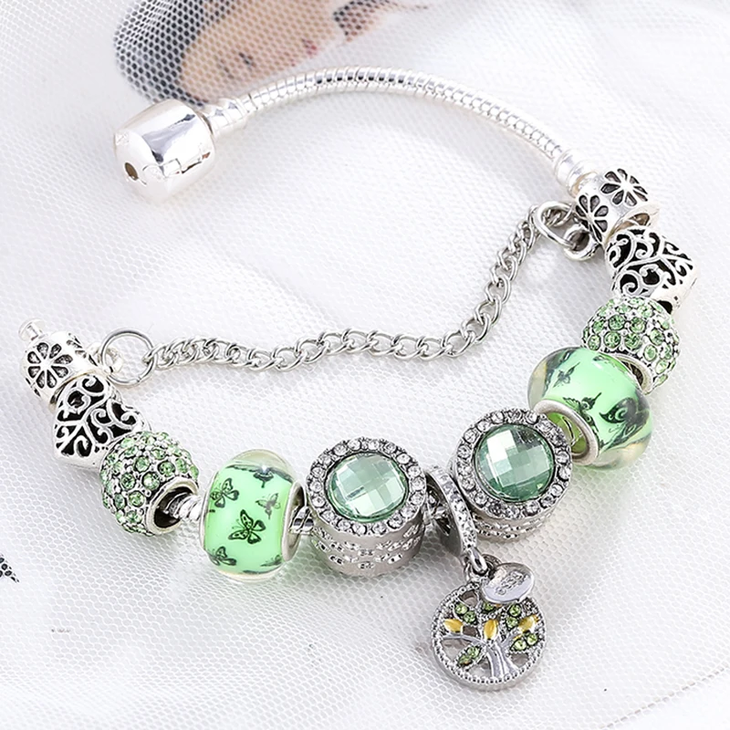 BAOPON New Fashion Life Of Tree Crystal Charm Bracelet Fit Green Color Snake Chain Brand Bracelets & Bangles for Women Jewelry