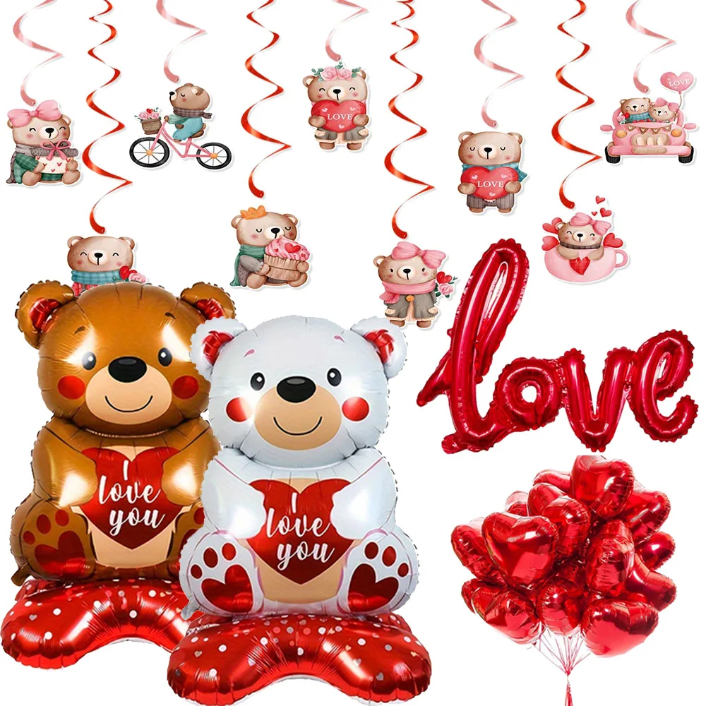 Valentine's Day Party Decor with Teddy Bear Standing Balloon with Base Teddy Bear Hanging Swirl Decor Love Heart Shaped Balloon