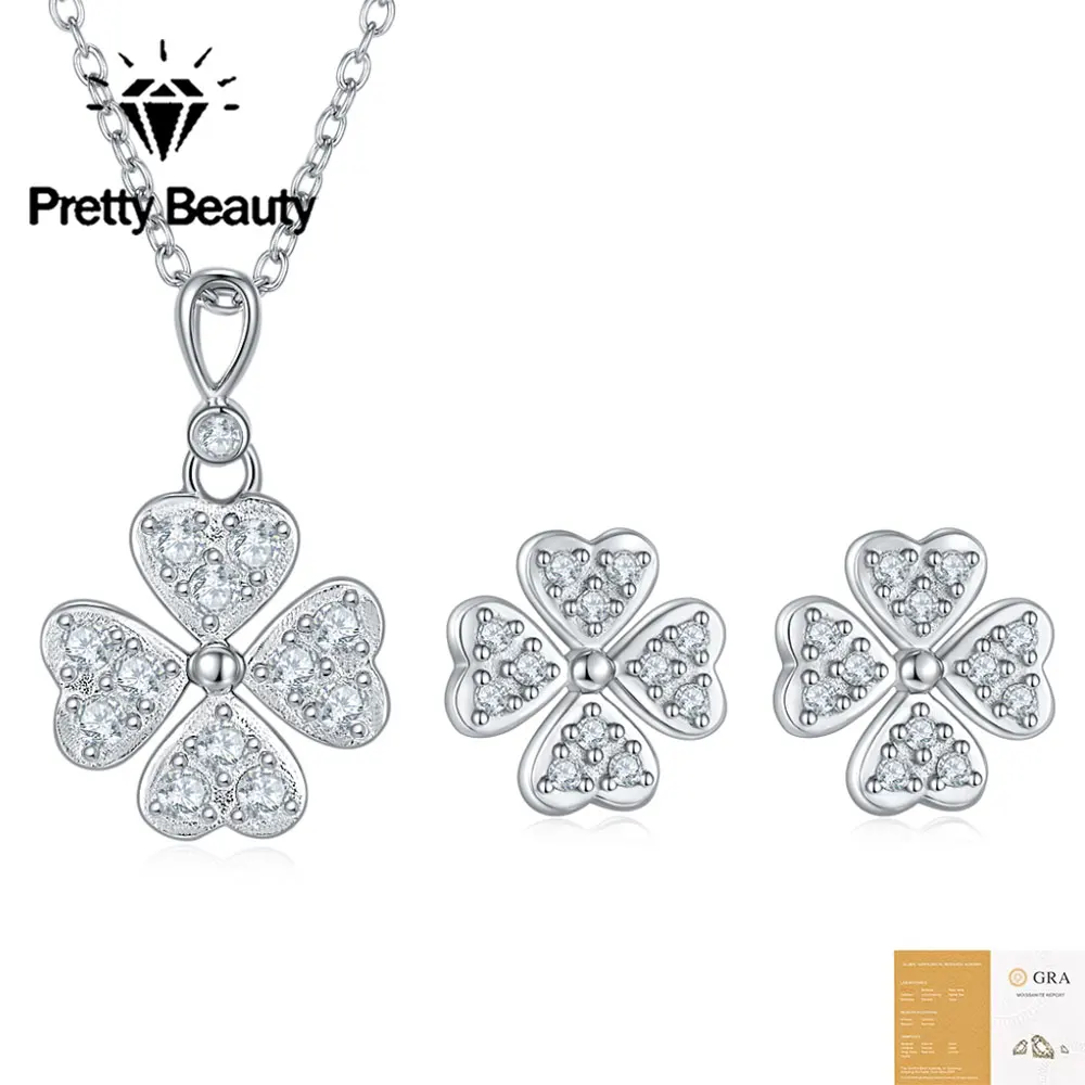 Pretty Beauty Lucky Four Leaf Clover Moissanite Necklace and Stud Earrings Jewelry Set for Women S925 Silver Floral Jewelry Gift
