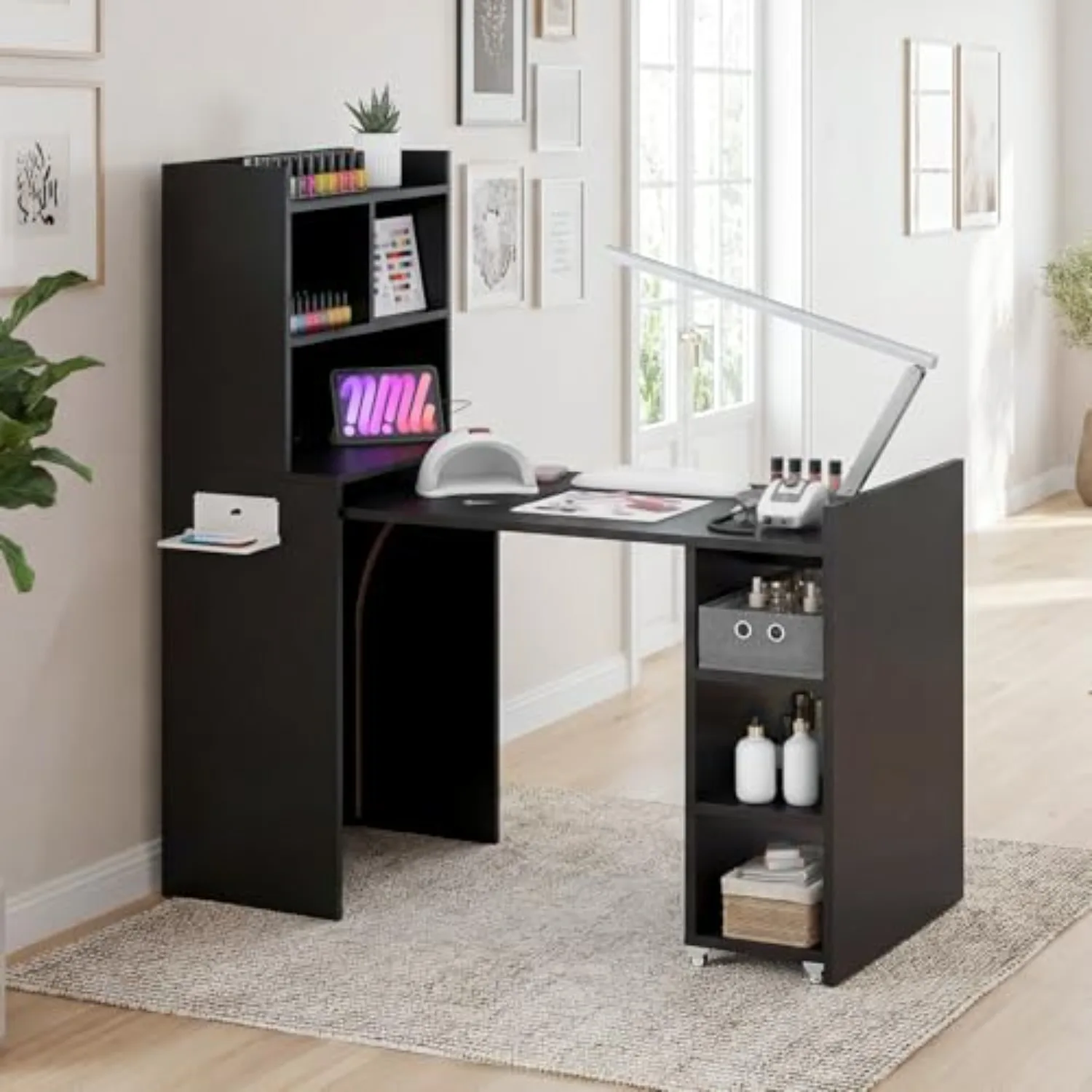 Foldable Manicure Table Nail Desk, Extendable Nail Station with Charging Station, Storage Shelf & Fabric Drawer, Wall