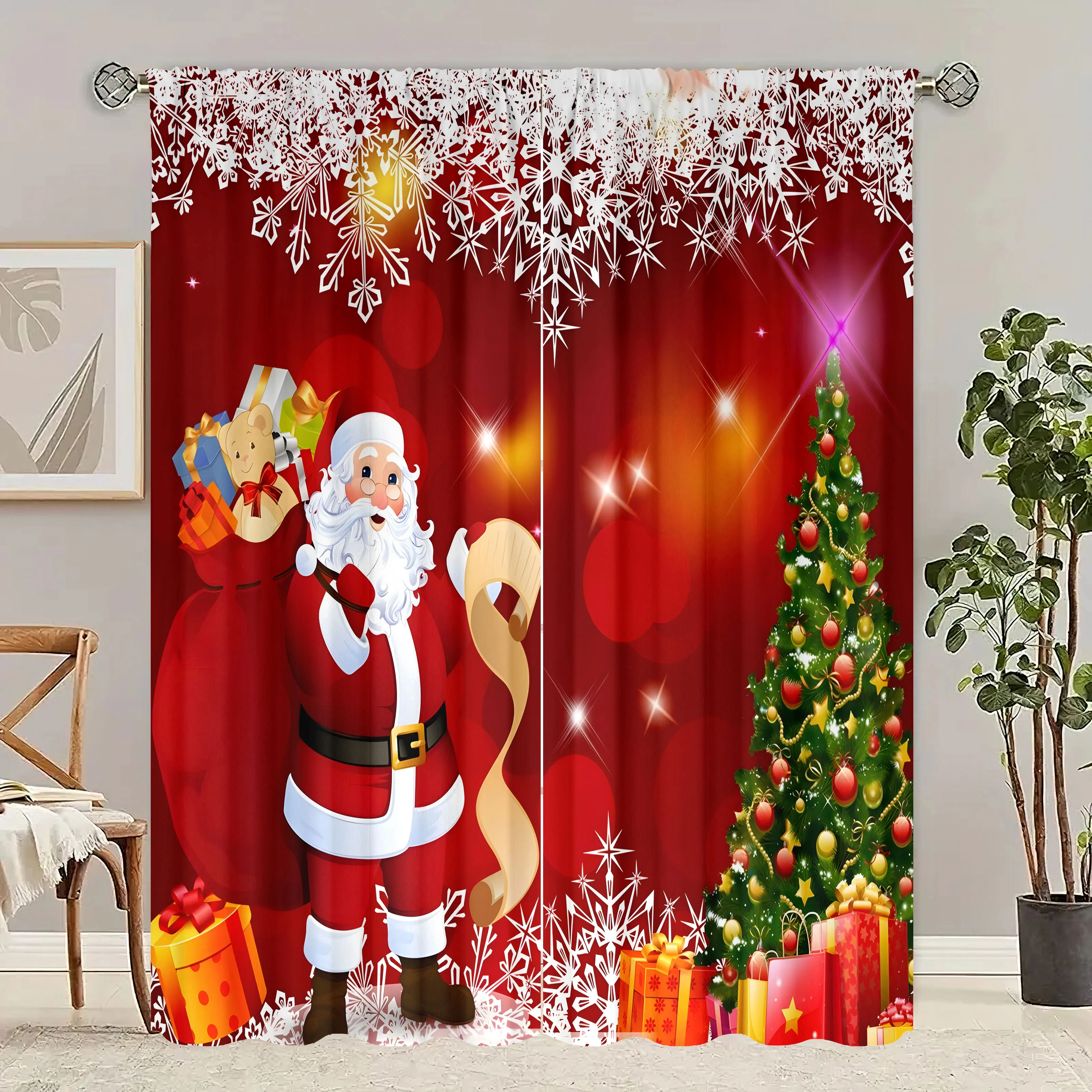 2 pieces of Christmas tree printing curtain - polyester material - suitable for bedroom living room study room privacy curtain