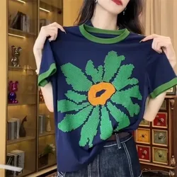 Cotton T shirt Women Summer Korean Fashion Luxury Designer Flowers Embroidery Graphics Slim Fit Tops Women Clothes