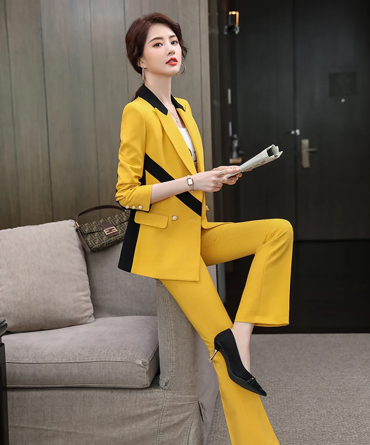 Women Elegant Pant Suit Patchwork Long Sleeve Blazer Coat Tops + Flare Trousers Fashion Formal Office Work Business 2 Piece Set