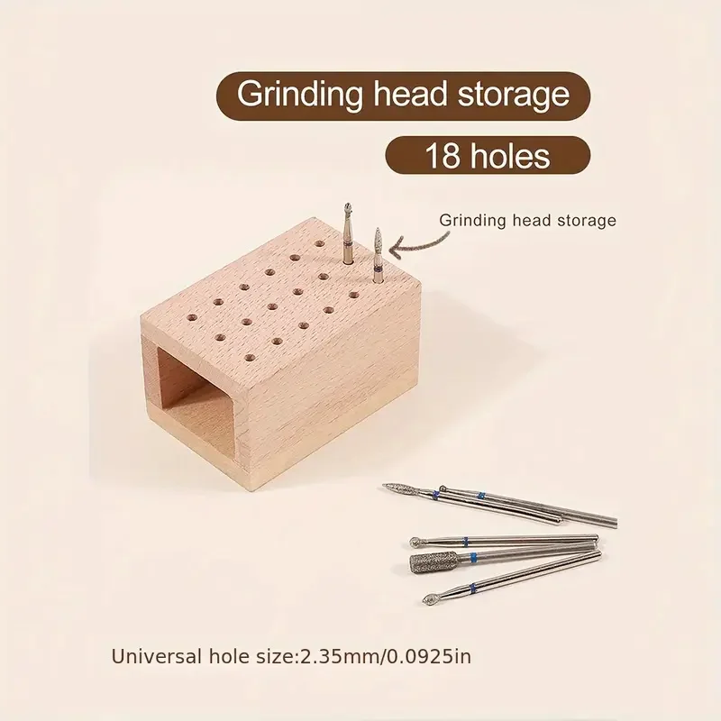 Nail Drill Holders Organizer Nails Polish Head Storage Box with 18 Predrilled Holes Wooden Manicure Polishing Head Storage Board