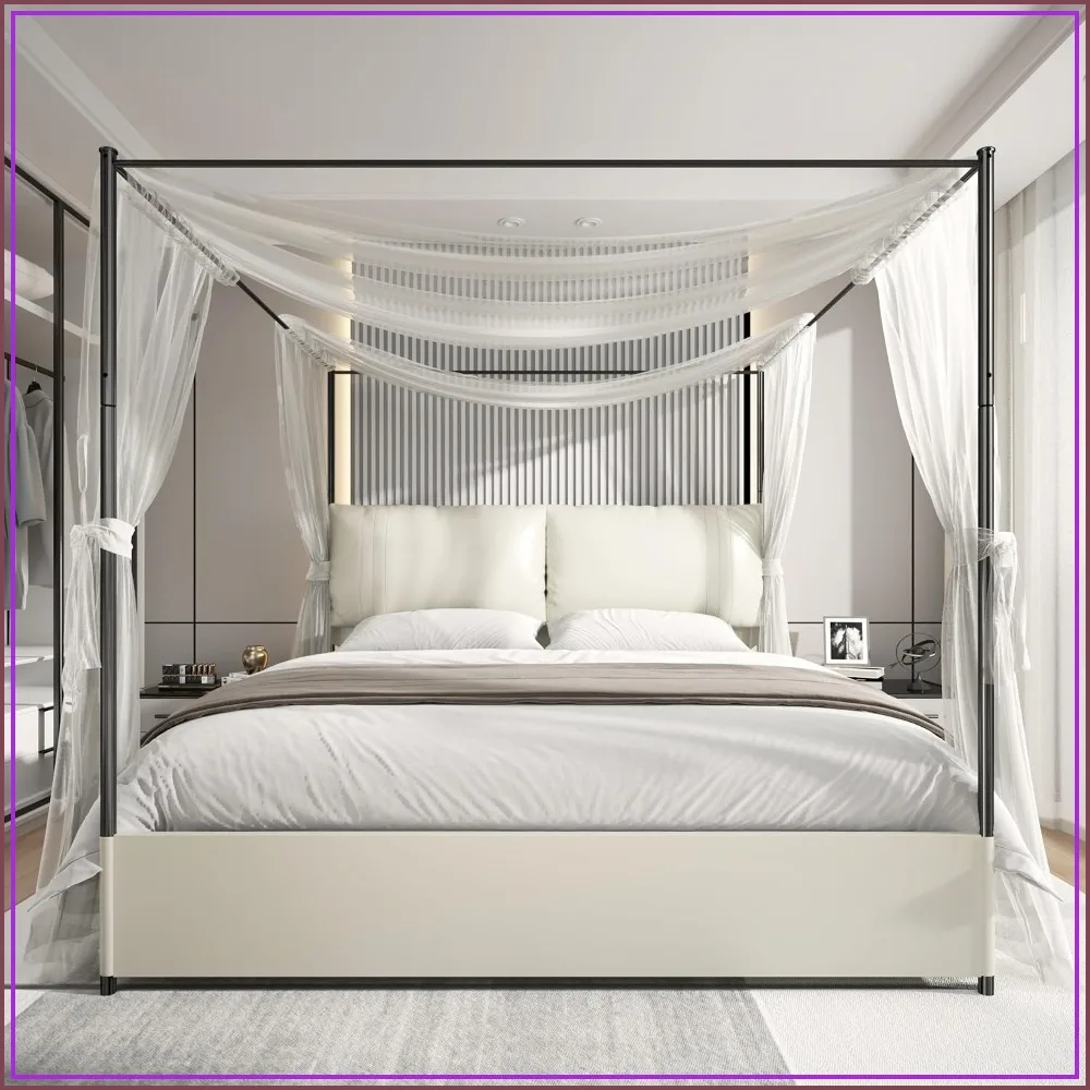 King Metal Canopy Bed Frame with Upholstered Headboard, White, Sturdy, Easy Assembly