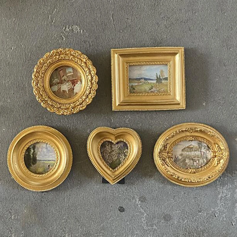 European Style Resin Gold Color Round Oval Heart Shape Photo Frame Photo Holder Desktop Picture Frame Wedding Home Decor