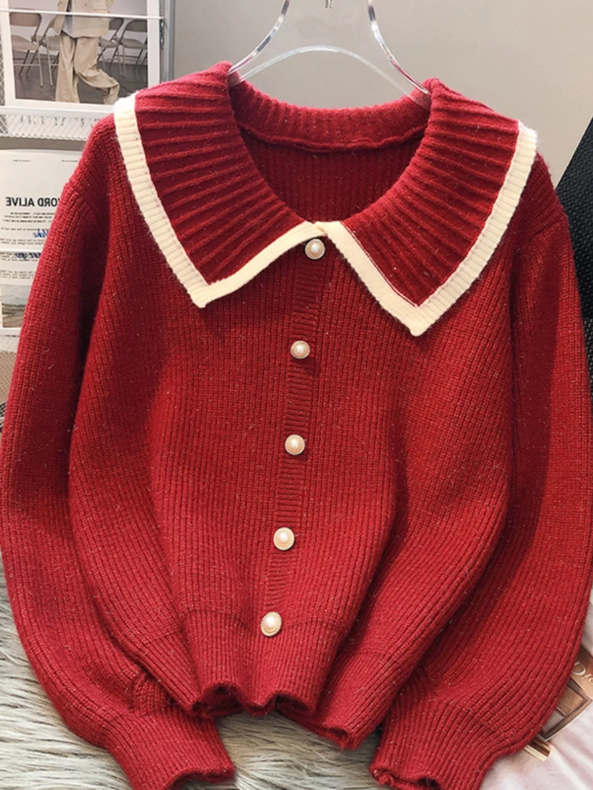 Thickened Knitted Sweater Baby Doll Collar Inner Wear Outer Wear Red Sweater European Style Women's Fashion Casual Loose Fit