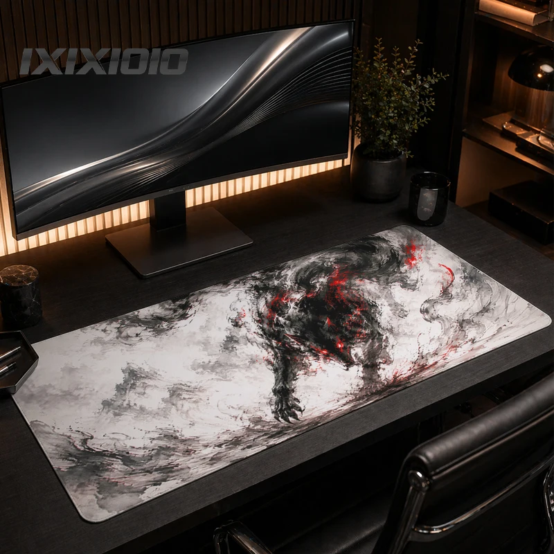 Mouse Pad Gamer Black White Red Ink Wolf printon demand New Home HD Mousepad XXL Non-Slip Soft Carpet Office Laptop Mouse Mats