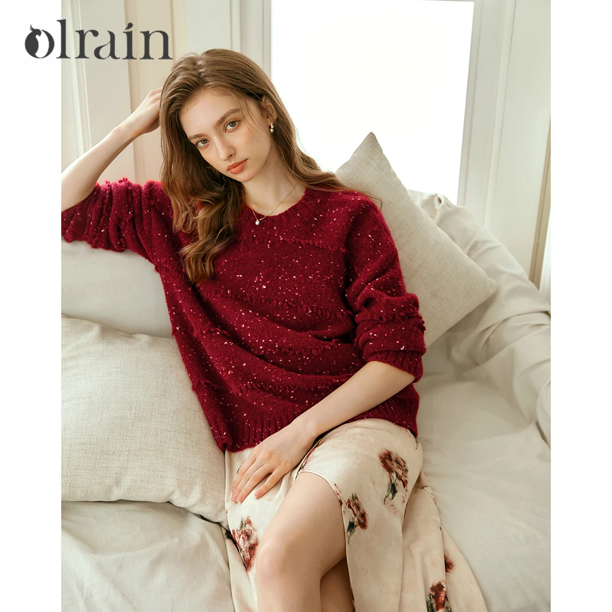 

OLrain Women Knitwear Pullovers 2025 Spring Summer French Burgundy Fashion Commute Sweater New Retro Loose Simple Top N56QM93360