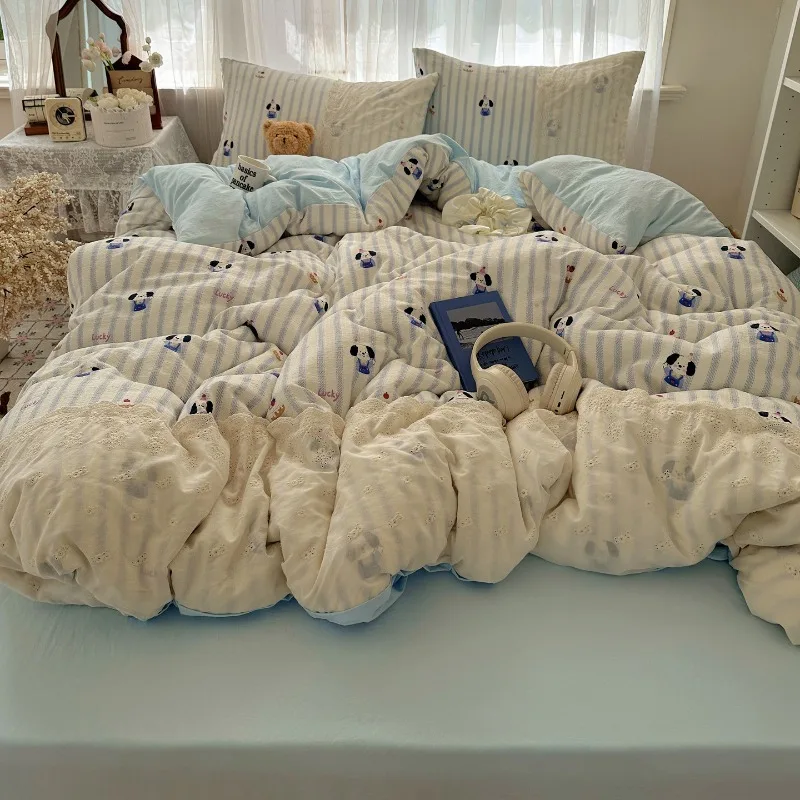 2025 new lace washed cotton bed four-piece set Korean dormitory quilt cover student bed sheet three-piece set