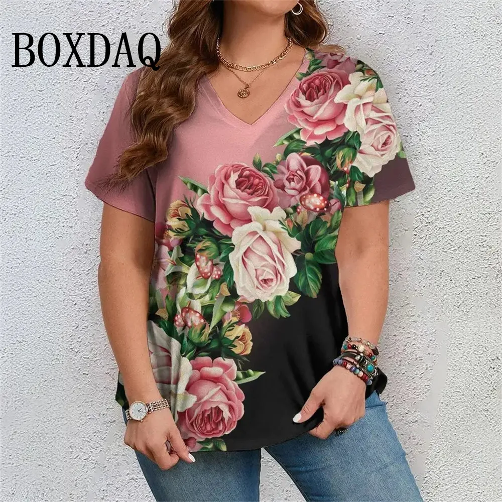 8XL Big Size Women's T-Shirts Colorful Flowers 3D Print Short-Sleeve Tee Shirt Summer Retro V-Neck Loose Casual Plus Size Tops