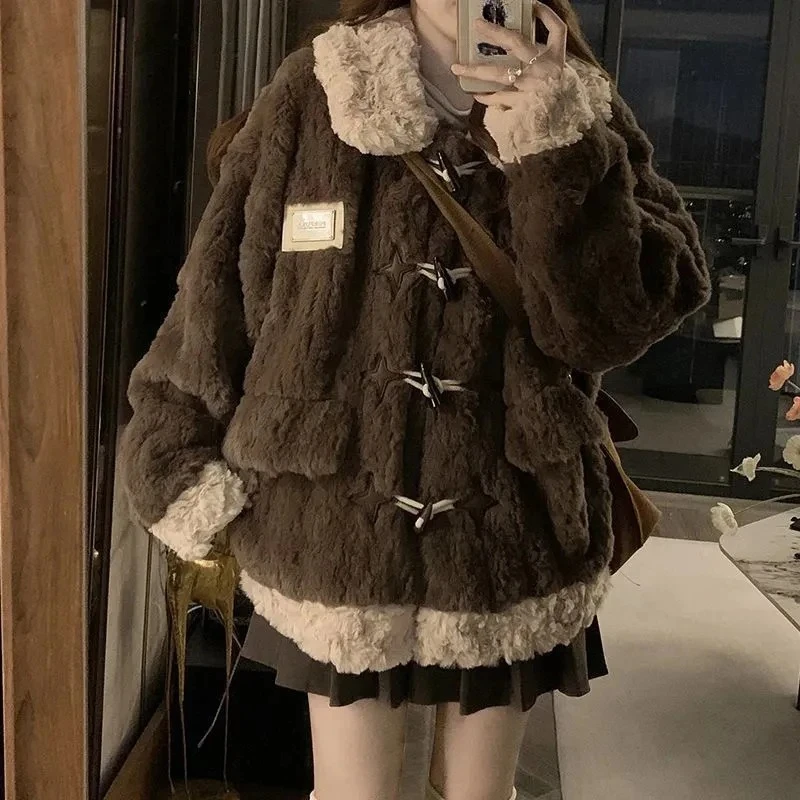 2000s Vintage Elegant Coat Women Winter Thick Warm Faux Wool Loose Jacket Y2K Streetwear Patchwork Casual Hotsweet Outwear New