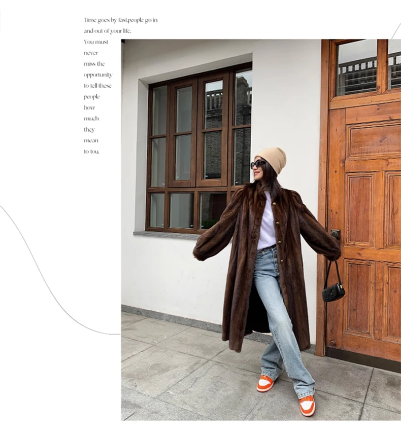 Lautaro Winter Long Brown Thick Warm Soft Faux Mink Fur Coat Women Puff Sleeve Elegant Luxury Chic Fluffy Furry Overcoat 2023