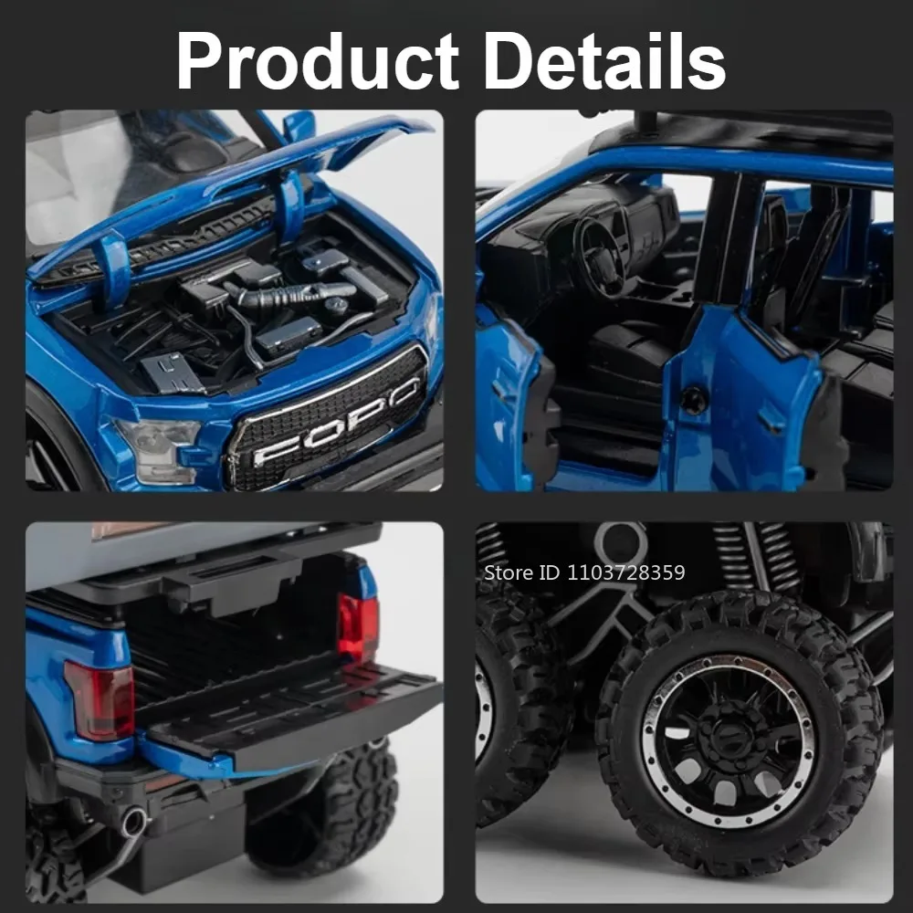 Modèle de jouet Raptor F150 1:24, voitures de Camping RV en alliage moulé sous pression, Mini véhicules tout-terrain, son et lumière, porte ouverte, cadeaux pour garçons