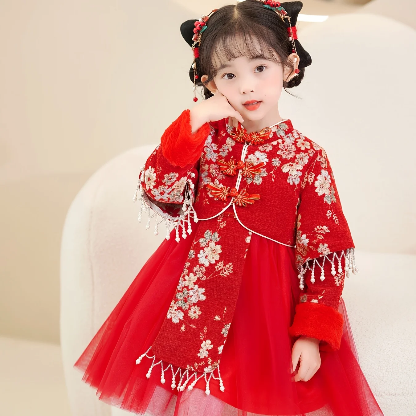 

Girls Chinese Hanfu Jewelry Decor Mesh Hem Red Long Sleeve Dress Chinese Traditional Costume Tang Suit For Year Of The Rabbit